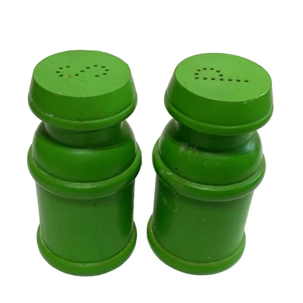 Vtg MCM Wood Milk Can Salt & Pepper Shakers Lime Green by Clover 3.5